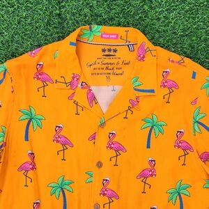 VACAY SPIRIT Men's Orange Flamingo Print Camp Shirt SIZE M